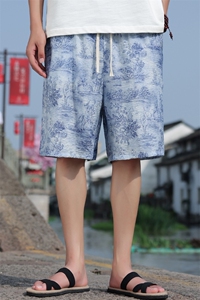 2025夏季男装风冰丝中裤民族风青花瓷印花透气短裤 DK111-P35图片
