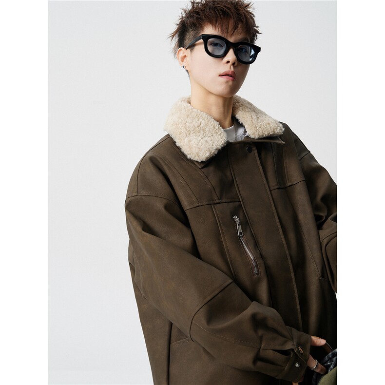 复古可脱卸羊羔毛领大码M-5XL面层PU皮棉衣男77933P138控198，男装棉衣，星座227-7