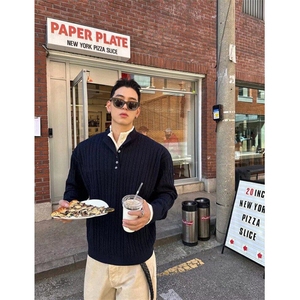 秋冬季新款麻花纹针织衫韩版宽松圆领套头纽扣毛衣男女潮图片
