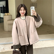 粉色圆领松弛感休闲减龄派克服女秋冬2025新款加厚加绒羊羔毛外套，女装派克服，2C159