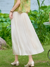 现货米黄色中长半身裙女2026夏季A字大摆伞裙纱幕半身裙子中老年，女装半身裙，璐依舞