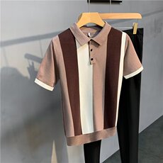 韩版修身男士竖条纹翻领针织短袖T恤青年休闲polo衫PL69003P42，男装T恤，星座1013-5