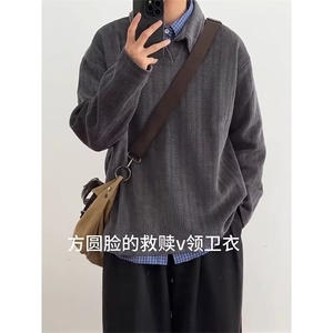 深灰色麦穗纹polo衫长袖t恤男秋季美式翻领卫衣小众设计感打底衫图片