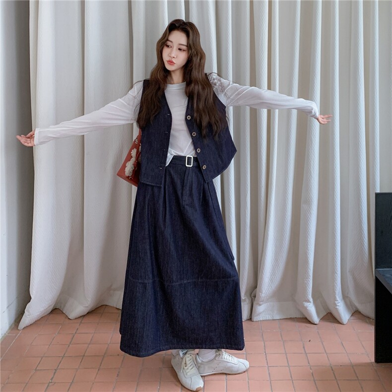 蓝色条纹披肩牛仔马甲半身裙套装三件套女2025早春秋韩里韩气穿搭,女装套装/套裙,2C307
