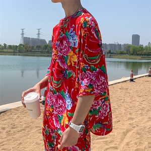 A340男士休闲大花透气凉爽风T恤七分袖春夏秋大妈套头衫团队图片