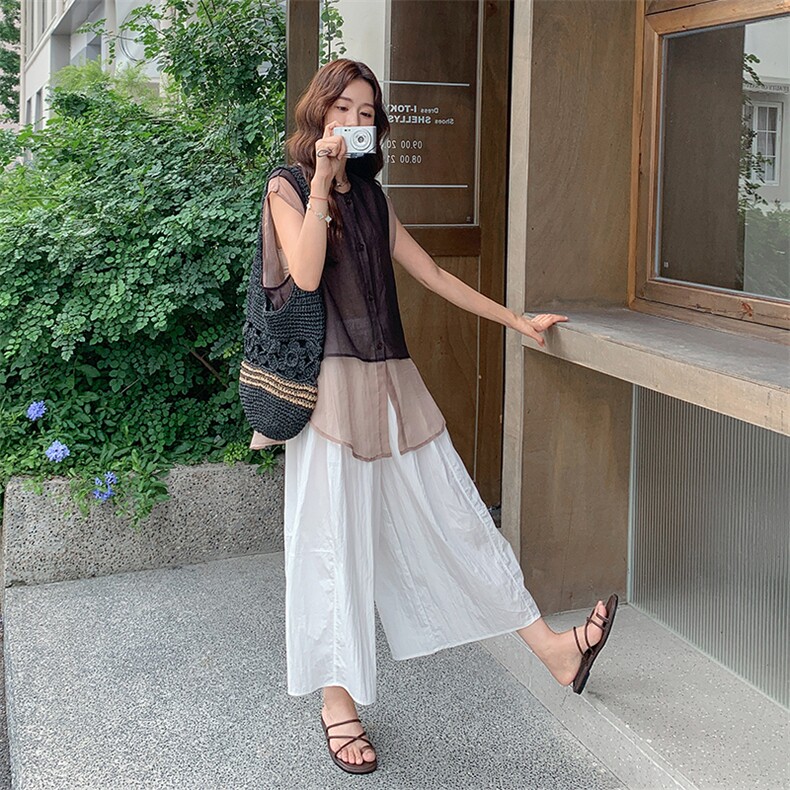 慵懒风薄纱拼接马甲休闲阔腿裤套装女2025夏季新款复古宽松两件套,女装套装/套裙,2C029