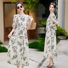 新中式国风印花套装女2025夏季新款宽松显瘦气质上衣半身裙两件套，女装套装/套裙，朵莱米