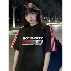 抖音得物品质二开240克宽松纯棉美式潮牌印花三条杠中性风短袖T恤，男装T恤，电商A486