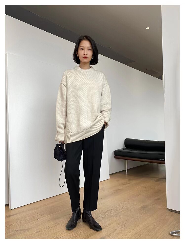 秋季女士宽松简约百搭纯色三股廓形圆领打底衫,女装羊毛衫,恒恩羊绒