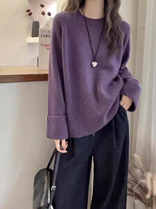秋冬宽松慵懒风100%纯羊毛衫女圆领纽扣加厚针织毛衣宽松羊绒打底图片
