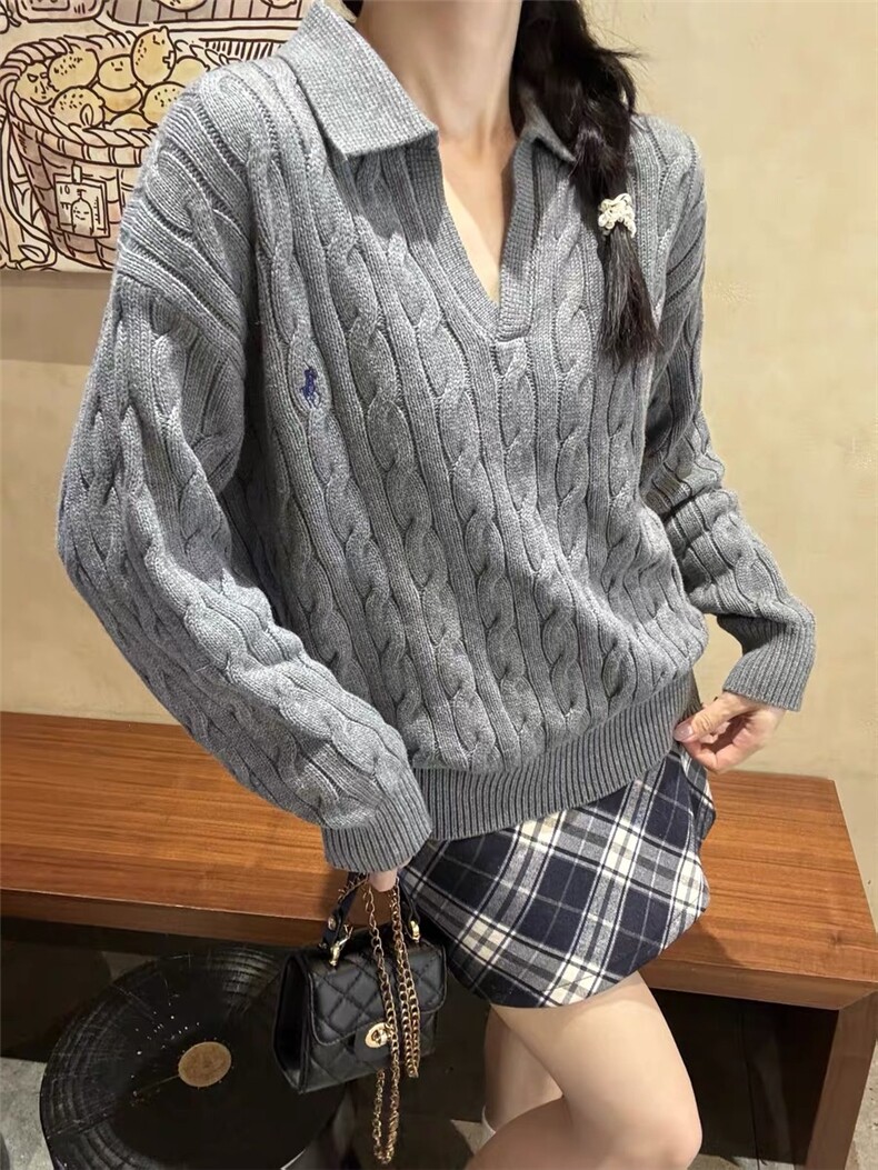 2025年秋季POLO领针织麻花刺绣小马套头美式复古街头风，女装针织衫/毛衣，美莎羊绒