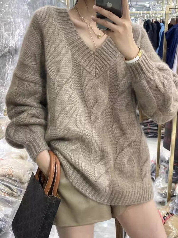 时尚百搭纯澳毛鸡心领大扭花女羊毛衫简约显瘦长袖针织衫舒适保暖,女装羊毛衫,莺澜羊绒