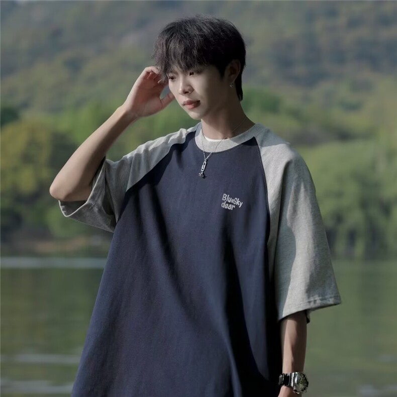 夏季港风日系cityboy短袖t恤男生潮牌撞色宽松百搭情侣五分袖体恤,男装T恤,四季星座505