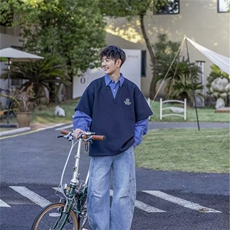 日系复古假两件格子长袖衬衫男秋季新款痞帅拼接卫衣男士宽松外套，男装衬衫，星座506A
