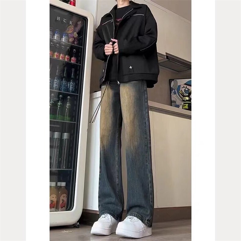 水洗美式弯刀微喇牛仔裤男春秋阔腿直筒裤做旧百搭潮流H730 P36.5图片