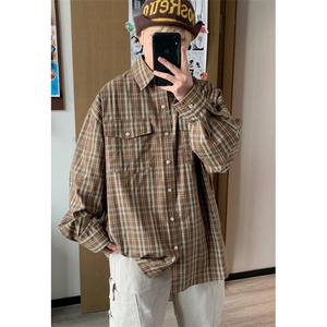 水曜日定休日系复古工装格子衬衫男春秋新款宽松休闲长袖衬衣外套图片