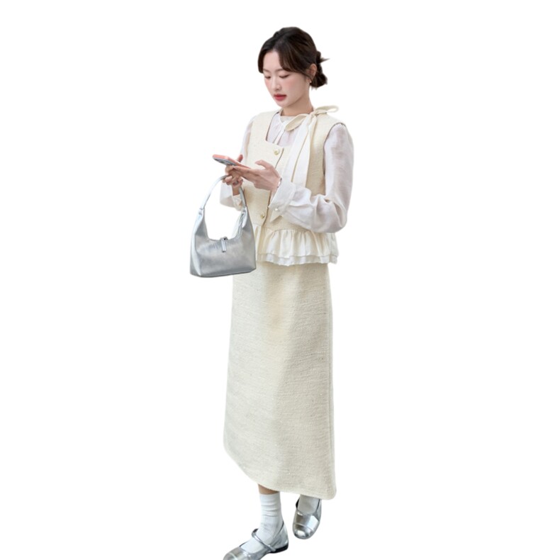 -2026年春季新款法式千金感蕾丝裙摆马甲半身裙三件套,女装套装/套裙,1D102-1