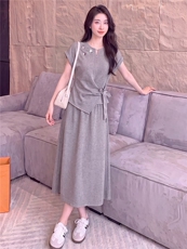 个性简约时尚套装裙女夏季新款蝴蝶结设计短袖上衣半身长裙两件套，女装套装/套裙，江南
