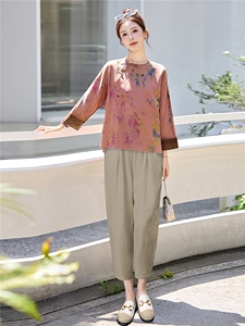 长期有货2026夏装新款复古提花天丝休闲两件套装女中式印花小脚裤图片