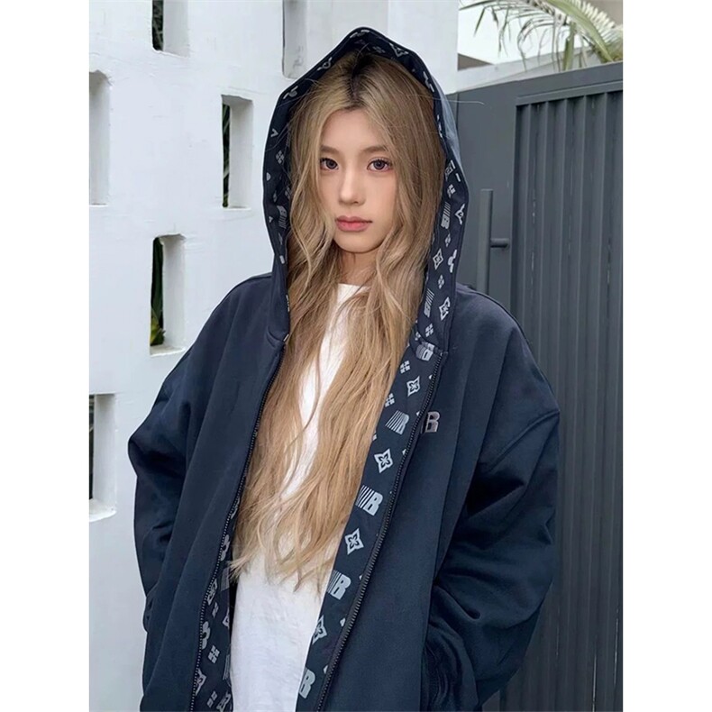 网图有货秋冬字母印花开衫灰色刺绣连帽卫衣外套男女A1129-P60，女装短外套，星座1505