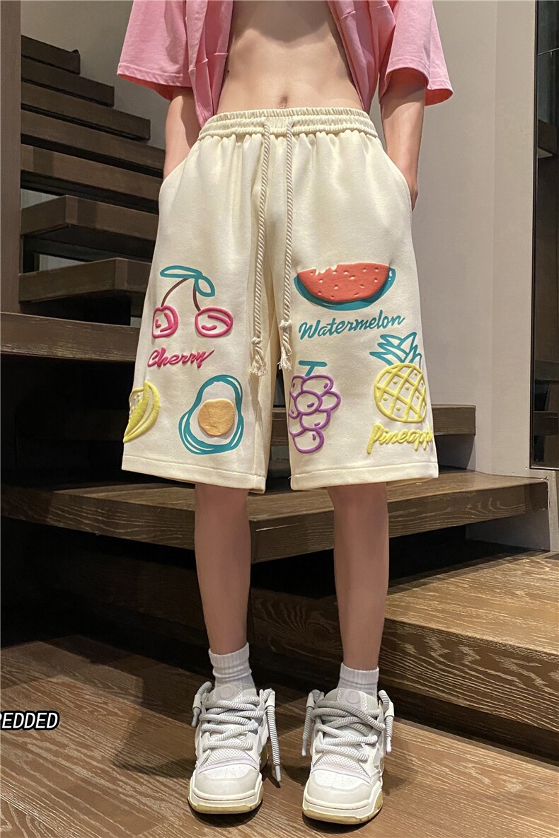 抖音品质潮流休闲宽松短裤发泡水果印花中裤B315-K23345-P45控58,男装休闲裤,电商B315