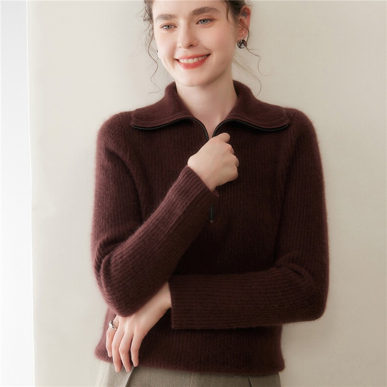 2025年秋季新款七针加厚元宝针半拉链针织上衣时休闲通勤百搭,女装羊绒衫,奥帆羊绒