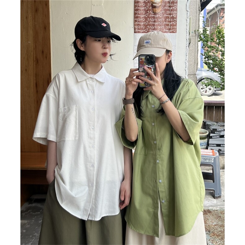 日系短袖衬衫女设计感小众大码休闲衬衣外套夏季新款上衣3423P45，女装衬衫，星座710