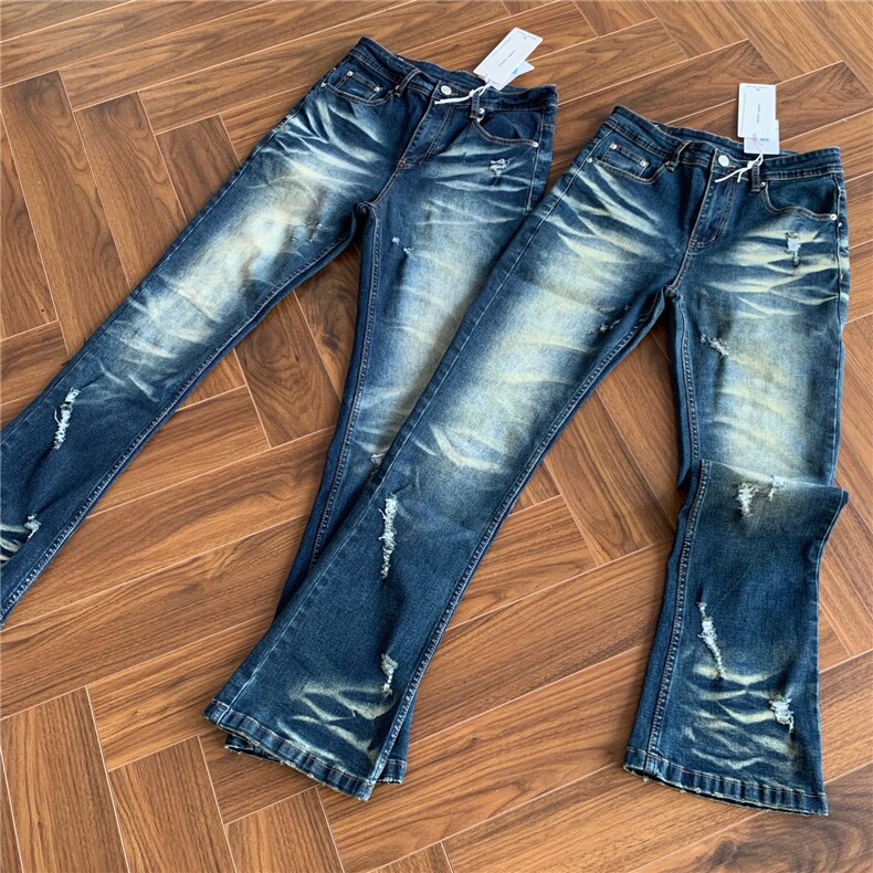 Cleanfit风格欧美复古水洗做旧破洞微喇弹力牛仔裤男WL8166-P55,男装牛仔裤,星座1008