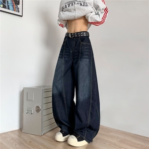 美式字母刺绣弯刀牛仔裤男女款宽松休闲潮牌解构阔腿裤N60155-p55图片