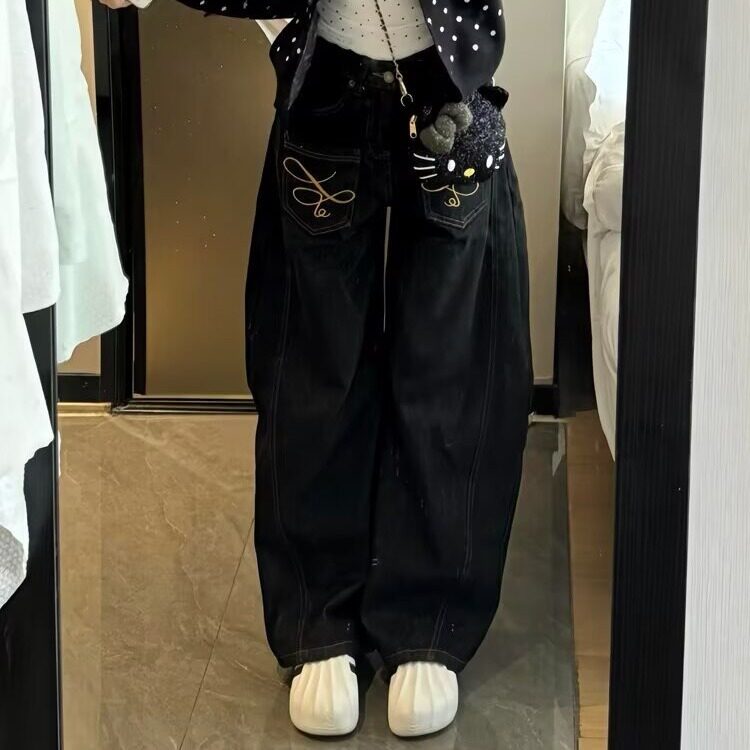 美式刺绣设计丹宁原牛baggy弯刀牛仔裤男女款阔腿宽松LA5355-P45图片