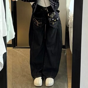美式刺绣设计丹宁原牛baggy弯刀牛仔裤男女款阔腿宽松LA5355-P45图片