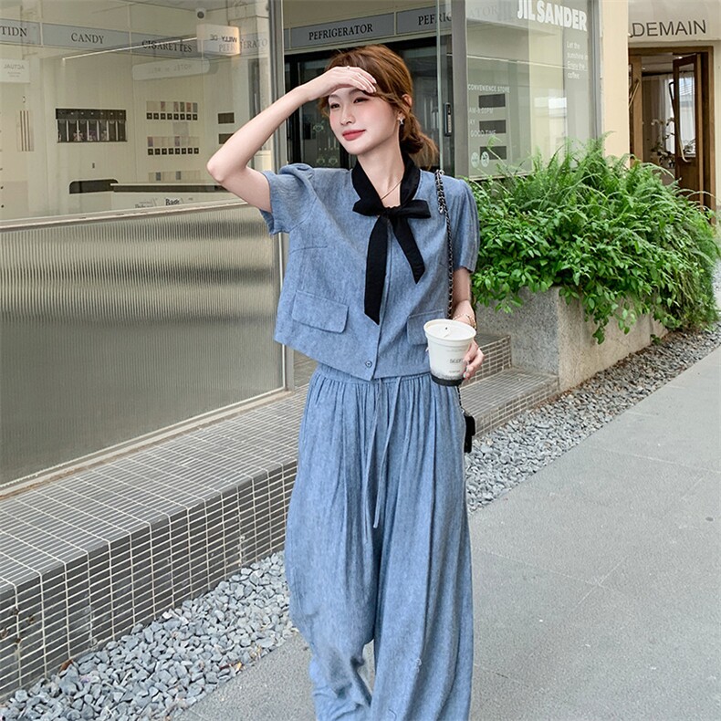法式洋气蓝色短袖西装阔腿裤套装女夏2025新款又酷又飒穿搭两件套,女装套装/套裙,2C159