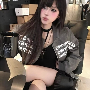 美式复古字母印花棒球服外套男女春秋高级感飞行员BF夹克皮上衣潮图片