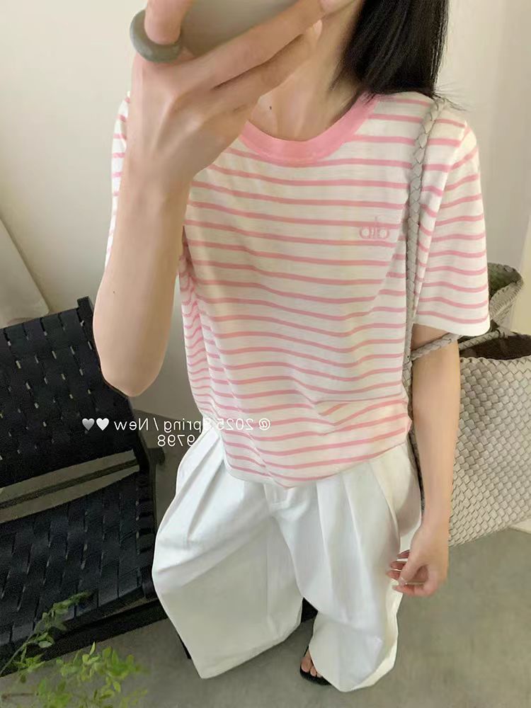 2025简约百搭alo条纹圆领T恤,女装T恤,湘姗