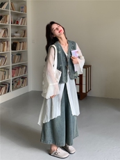 设计感连衣裙打配牛仔马甲套装女春夏季小众阔腿裤三件套减龄，女装套装/套裙，浙宝190