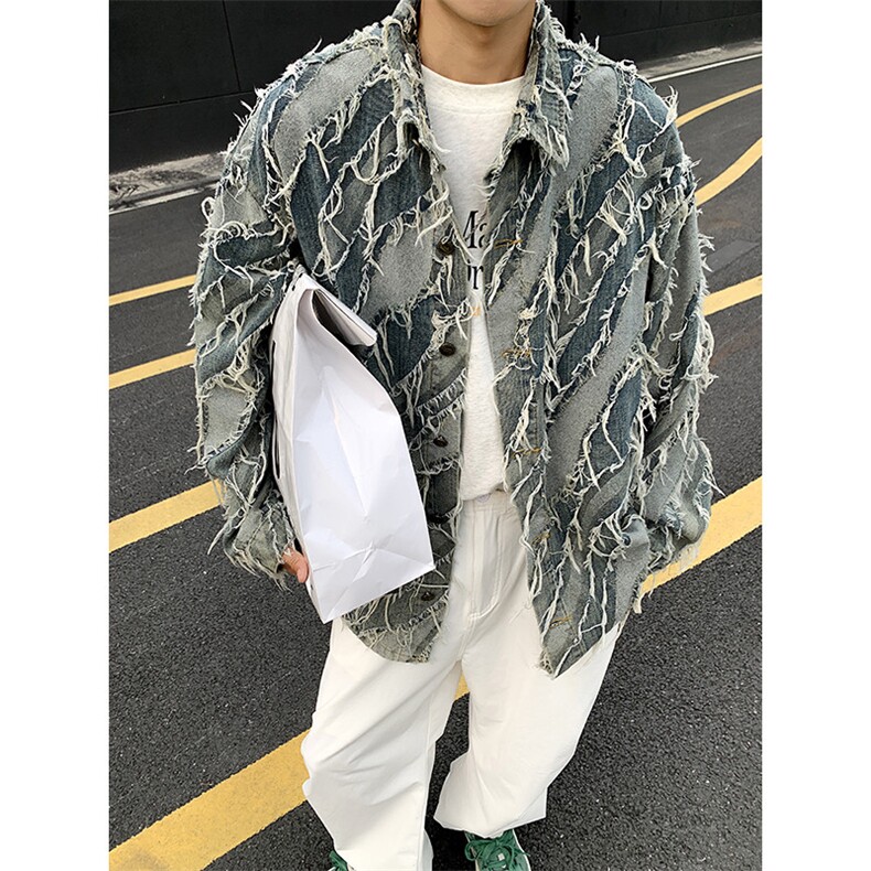 欧美街头高街猫须毛边破坏做旧重工牛仔夹克薄外套男秋JK1082-P70，男装夹克，星座1103-3
