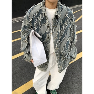 欧美街头高街猫须毛边破坏做旧重工牛仔夹克薄外套男秋JK1082-P70图片