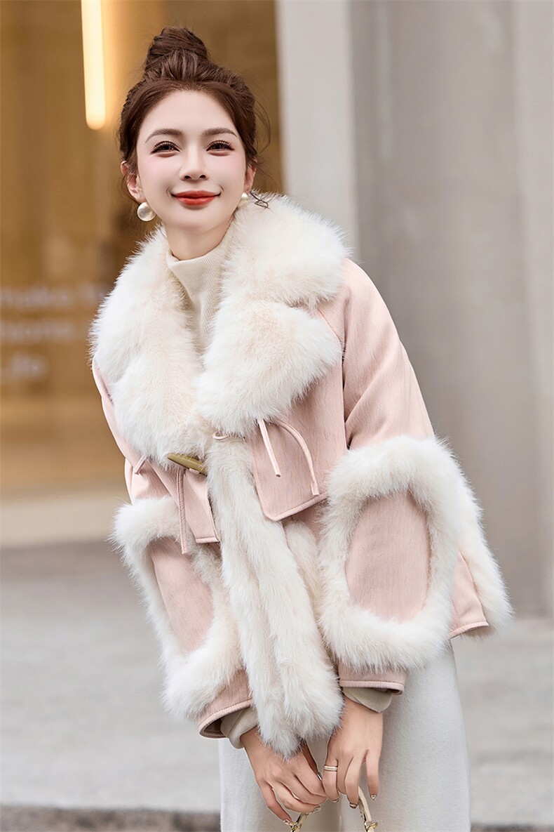 粉色大毛领皮毛一体棉服女2024冬季新款加厚名媛气质环保皮草外套,女装棉衣/棉服,奕薇雅