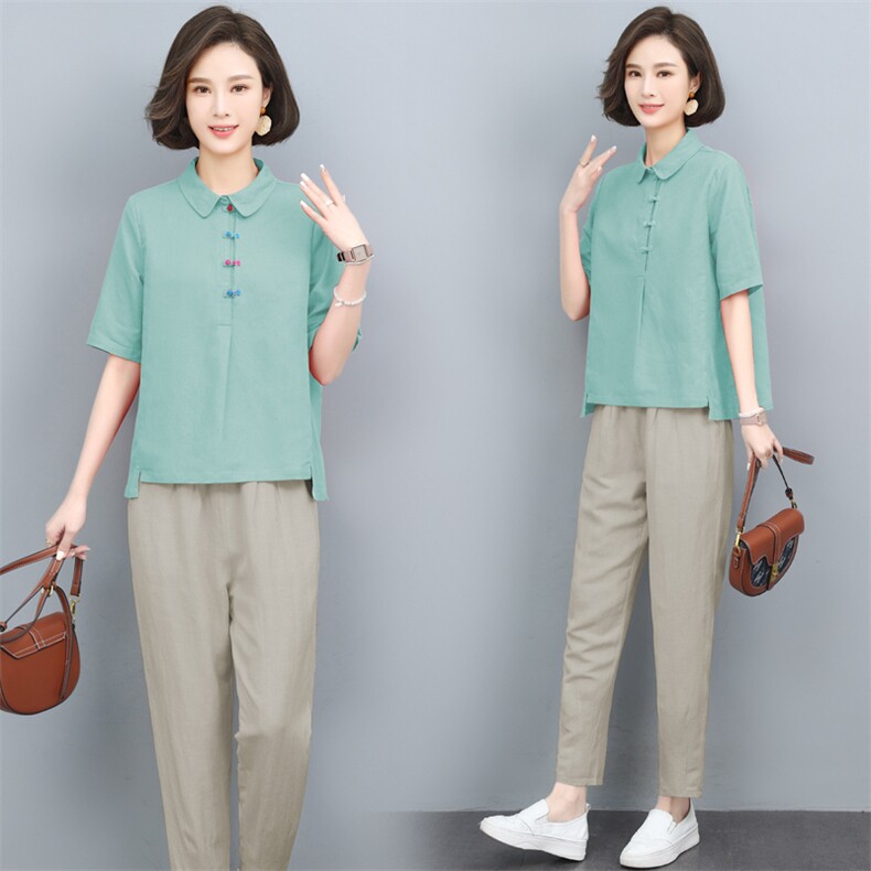 三年不下架2024年新款棉麻两件套中老年复古扣盘衬衫T恤小脚长裤,女装套装/套裙,璐依舞