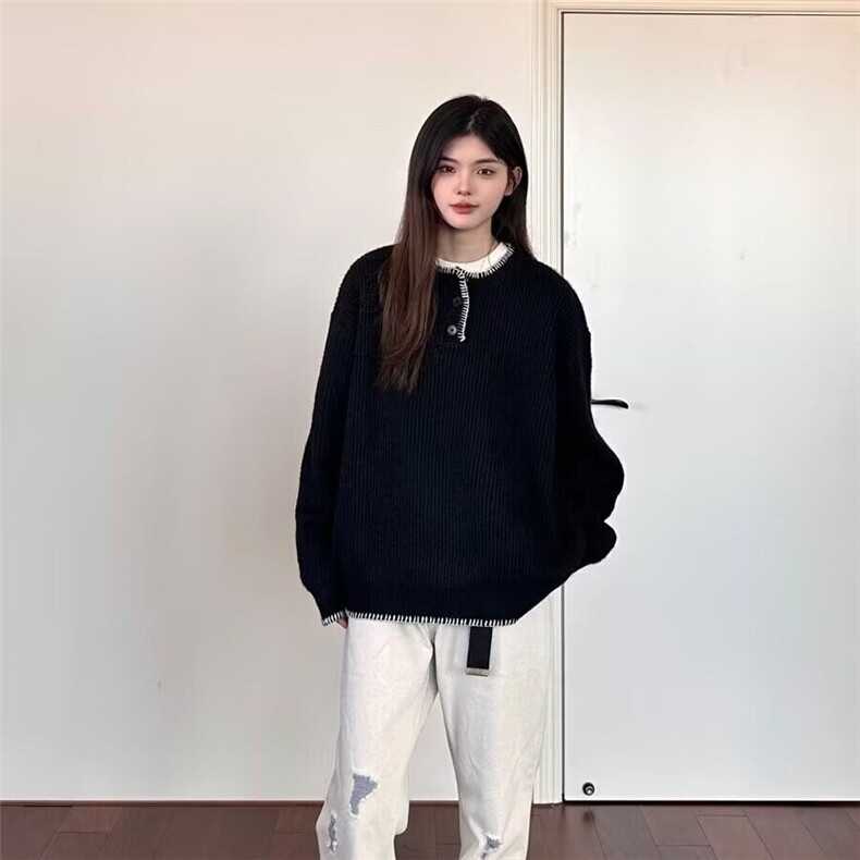 美式复古设计休闲亨利领针织衫毛衣男女宽松秋季情侣慵懒套头上衣,针织衫/毛衣,星座506A