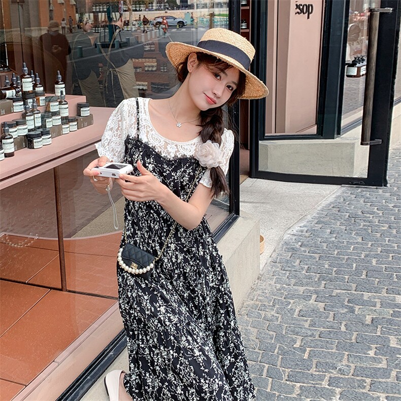 法式复古假两件碎花连衣裙女2025夏季新款韩版收腰显瘦气质长裙子,女装连衣裙,2C087