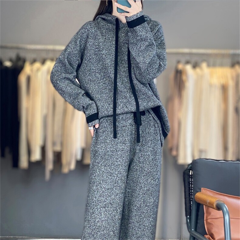 2025年秋季新款百搭女士7针拼色帽衫套装，女装羊毛衫，宛庄羊绒