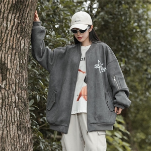 24春秋款美式复古麂皮绒飞行棒球服男女夹克外套JF251-P80控108图片