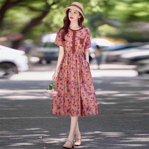 复古印花亚麻短袖连衣裙女2025夏季抽绳收腰显瘦显瘦休闲棉麻裙子图片