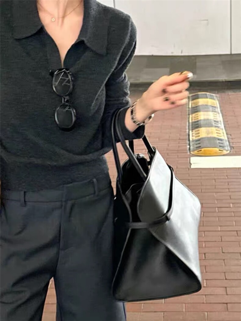 深灰色老钱风针织衫女polo衫慵懒风秋冬内搭打底羊毛长袖上衣,女装羊毛衫,思途羊绒