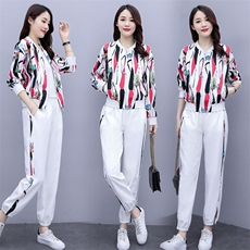 2021秋款时尚潮流休闲花色套装显瘦百搭长袖运动服两件套，女装套装/套裙，韩蜜菓