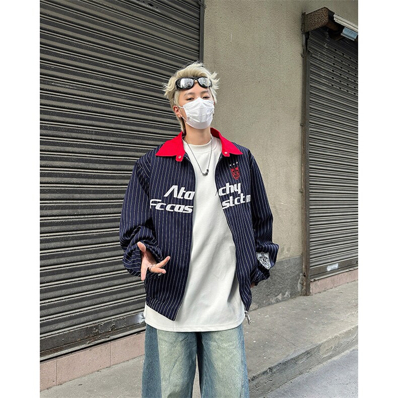 新款撞色条纹字母刺绣夹克潮流宽松时尚设计外套上衣,男装夹克,星座410-7