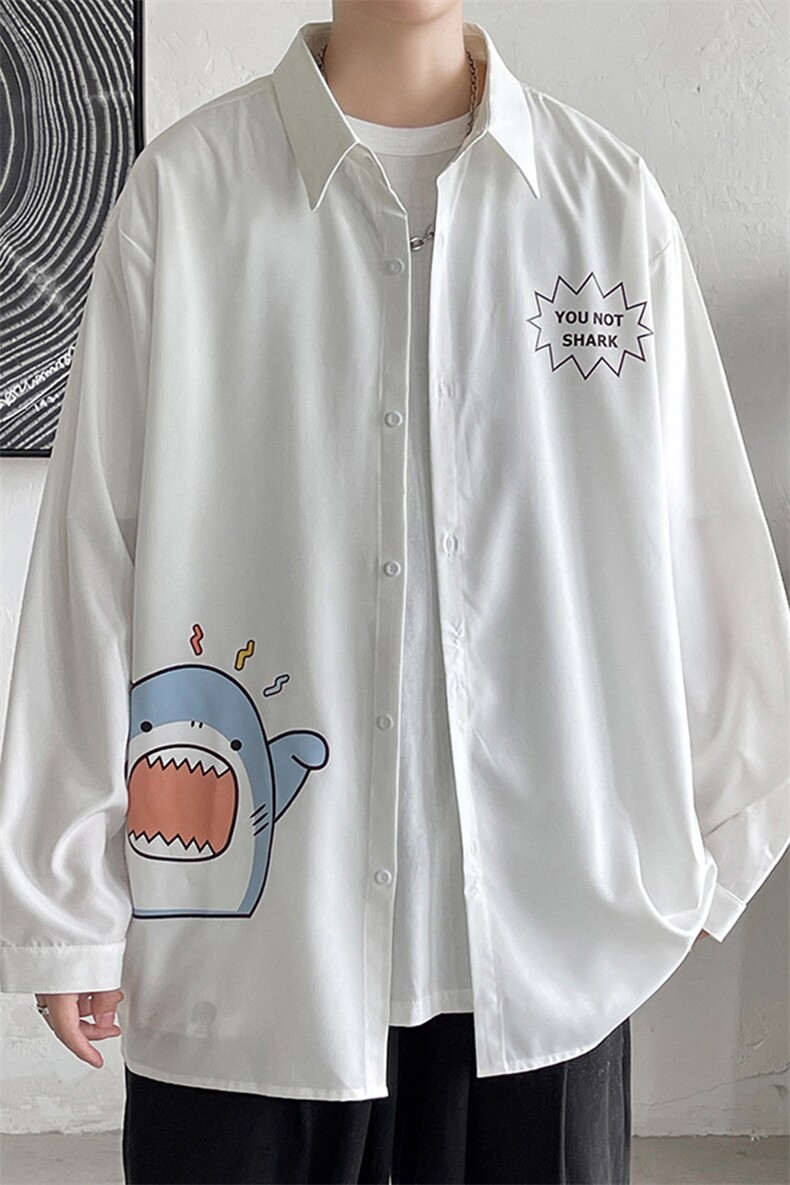 EY55春季新款港风男卡通鲨鱼字母印花长袖衬衫衬衣上衣外套潮P35,男装衬衫,电商C306-1