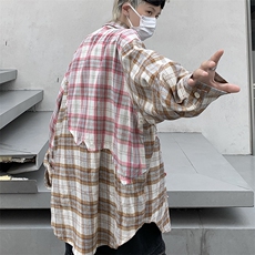 高品质秋款男长袖衬衫格子条纹拼接款休闲纯棉外套CS131P50，男装衬衫，星座1013-1
