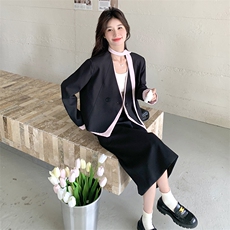 撞色拼接西装半身裙套装女2025春季新款超火ootd穿搭高级感两件套，女装套装/套裙，2D078